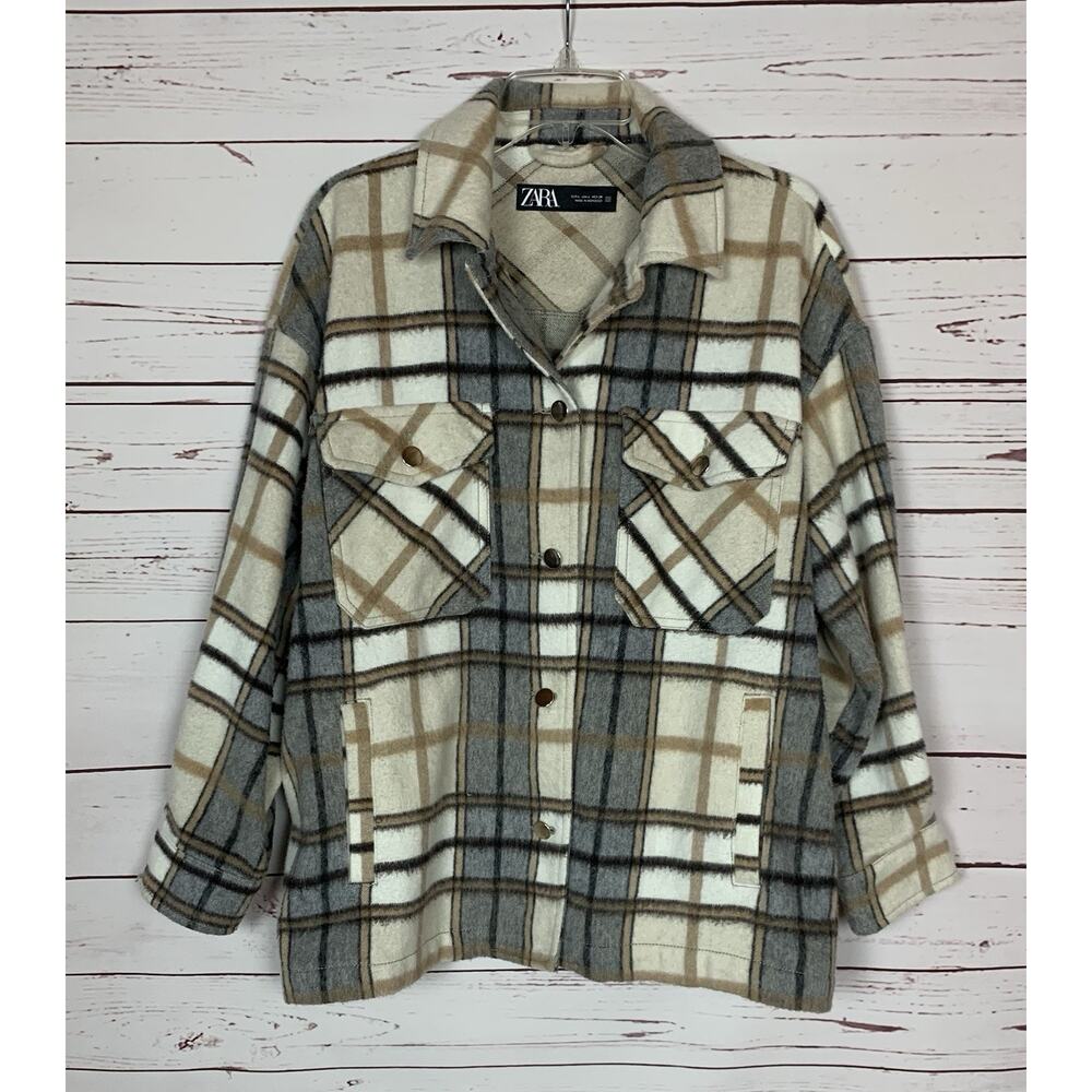 Zara Women's L Large Cream Brown Plaid Oversized Long Sleeve Shacket Jacket Coat